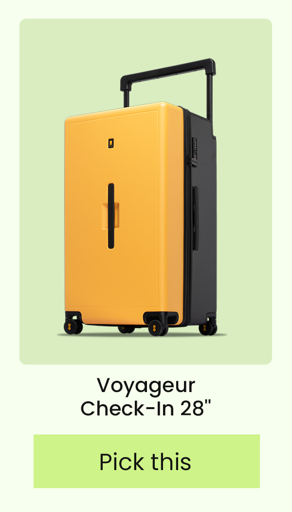 LEVEL8 Voyageur Check-In 28 inch suitcase in vibrant Yellow and Black with wide telescopic handle.