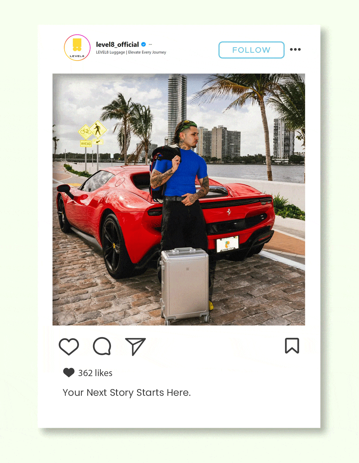 Instagram-style post showing a traveler with a red sports car and a silver LEVEL8 Gibraltar Aluminum carry-on. Text: Your Next Story Starts Here.